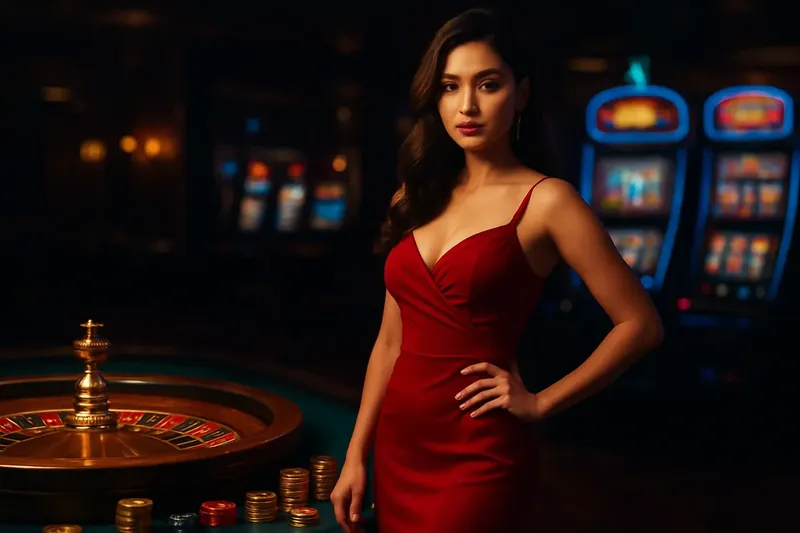 Beautiful woman in red dress standing confidently near roulette and slot machines with gold coins and poker chips in a luxurious Bangladeshi casino scene