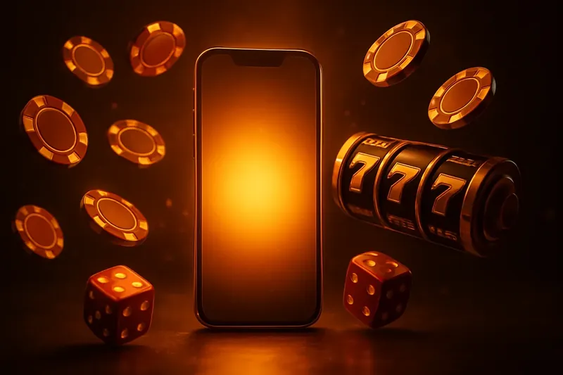 Panoramic banner with glowing smartphone, floating casino chips, slot reels, and dice on a dark luxurious background with gold accents